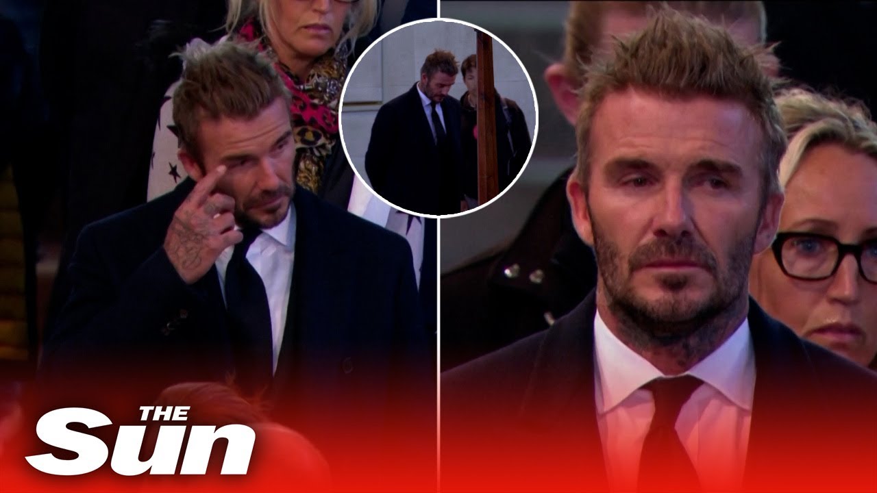 Emotional David Beckham wipes away tears as he pays tribute to Queen after 13 hours in queue