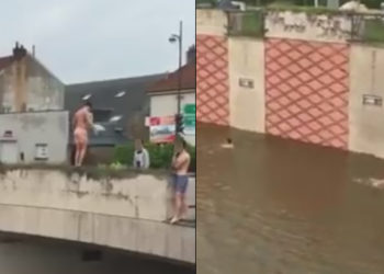 Inondations à Orléans : Des jeunes prennent des risques en plongeant dans l&rsquo;eau de la rocade depuis un pont !