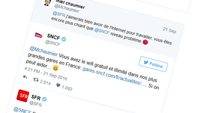Les community manager de SNCF, SFR et Carrefour se taquinent gentillement sur twitter à la suite d&rsquo;une remarque d&rsquo;un internaute !