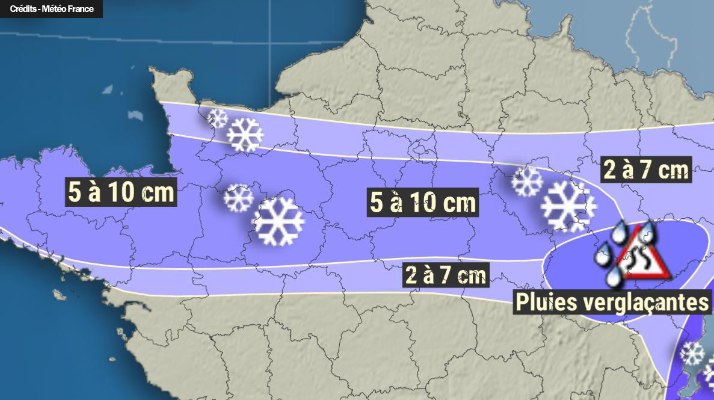 Neige et verglas. Météo France place 27 départements en vigilance orange dont ceux en Bretagne, en Normandie et en Ile-de-France