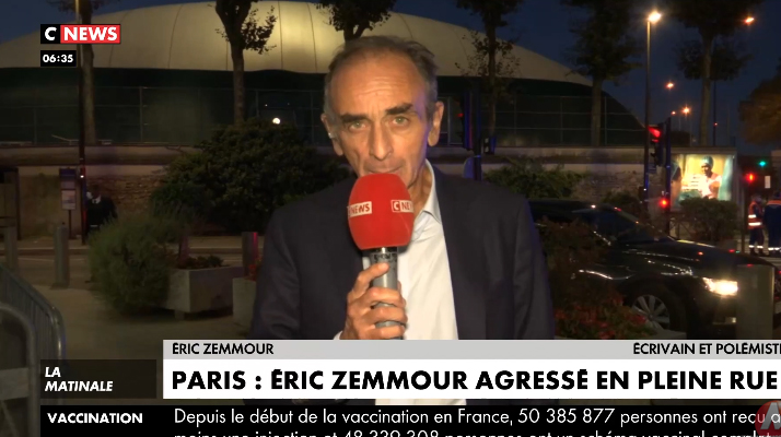 Agression d&rsquo;Eric Zemmour à Paris : il réagit au micro de CNews