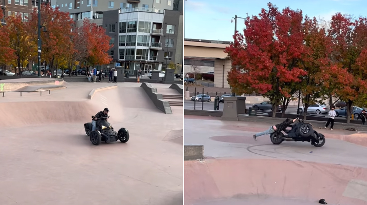 Fail. (Vidéo) Un homme circulant sur une moto à trois roues dans un skatepark perd le contrôle de son véhicule